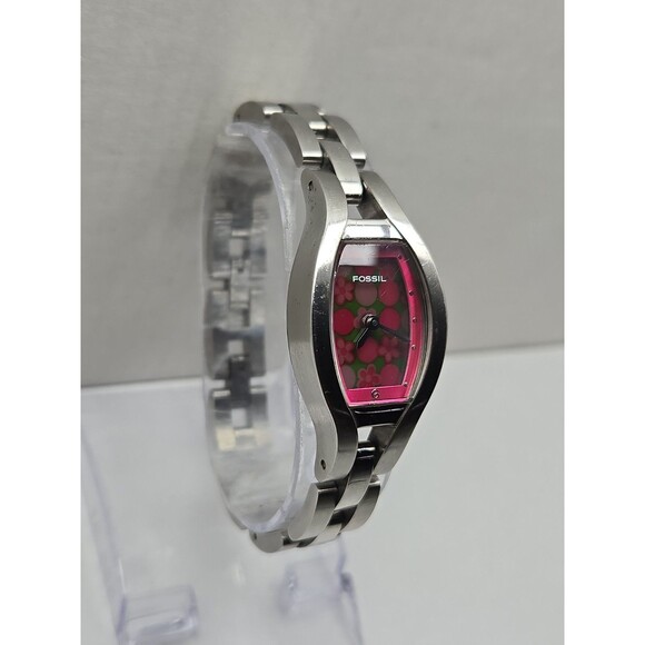 Rare Vintage Fossil Big Tic Pink Floral Animated Silver Womens Watch New Battery main image 5